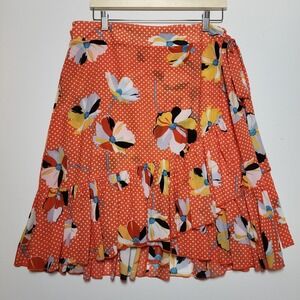 Cabi Women's Orange Polka Dot Floral Wrap-around Ruffled Knee Length Skirt XL